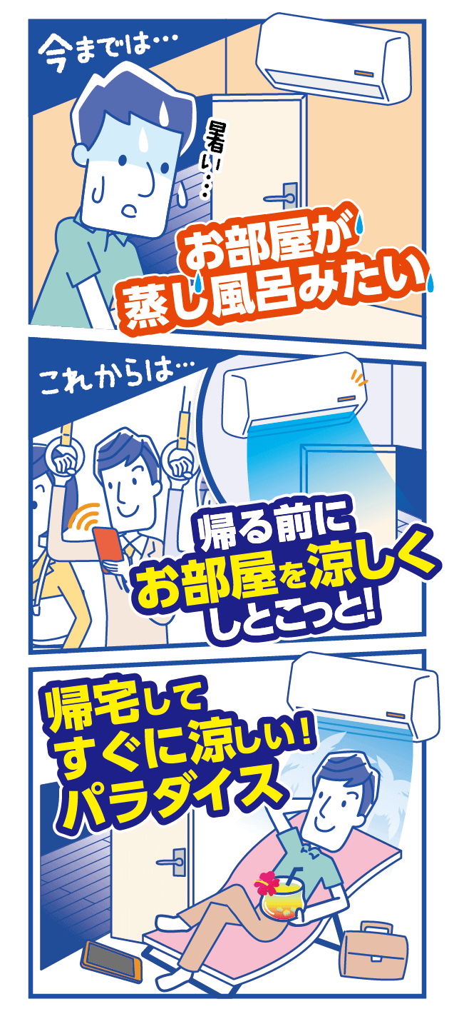今までは...お部屋が蒸し風呂みたい これからは...帰る前にお部屋を涼しくしとこっと！ 帰宅してすぐに涼しい！パラダイス
